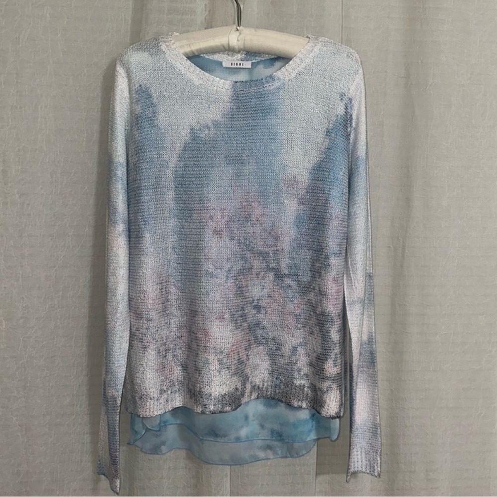 SIONI L White Blue Pink Cloud Floral Reverse Knit Sweater Blouse Pullover